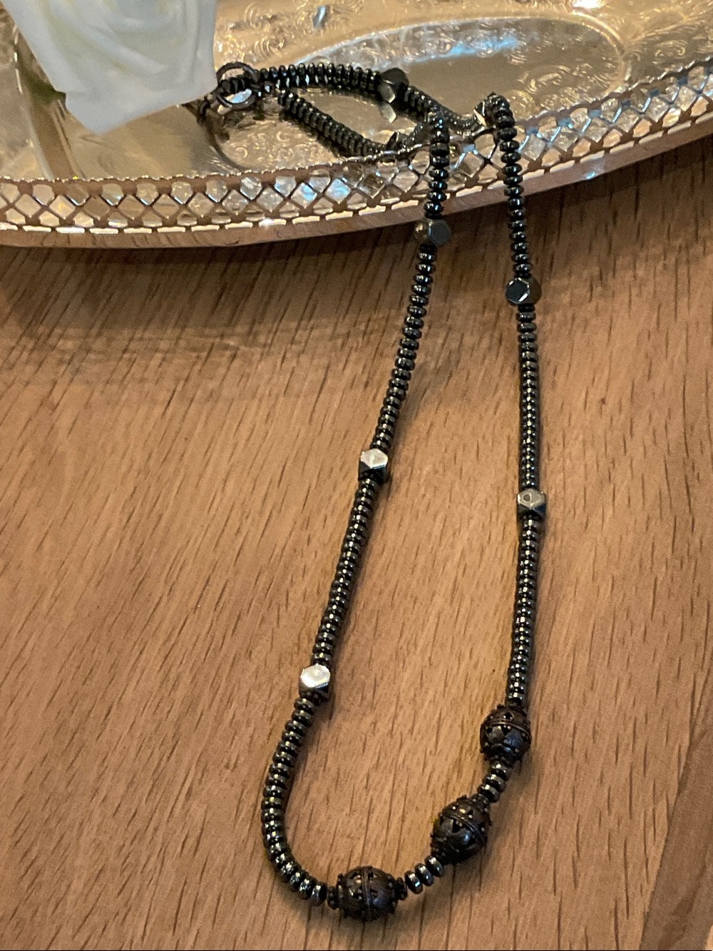Vintage Hematite Bead Station Statement Necklace